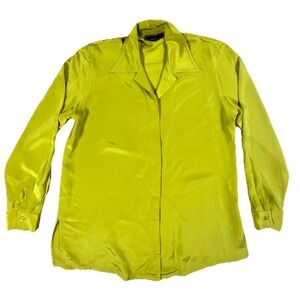 Vintage Womens Shirt Top Medium Lime Green 100% Silk Long Sleeve Button Front